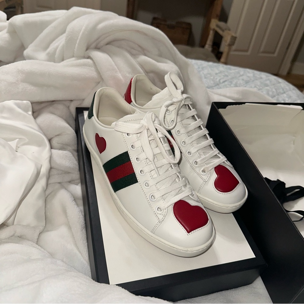 Gucci White Sneakers with Red Heart Accents